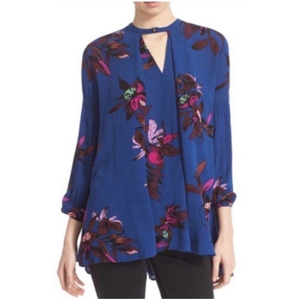 FREE PEOPLE S Tree Swing Tunic Top Mini Dress Blue Floral Cutout Flowy Boho XS - Picture 5 of 16